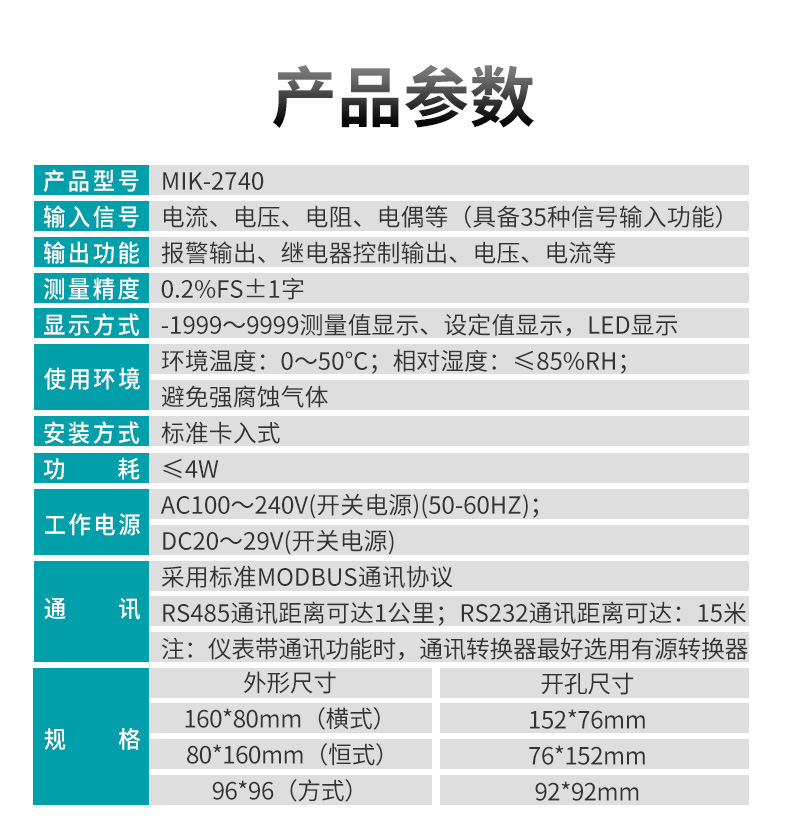 米科MIK-2740四通道顯示控制儀產品參數